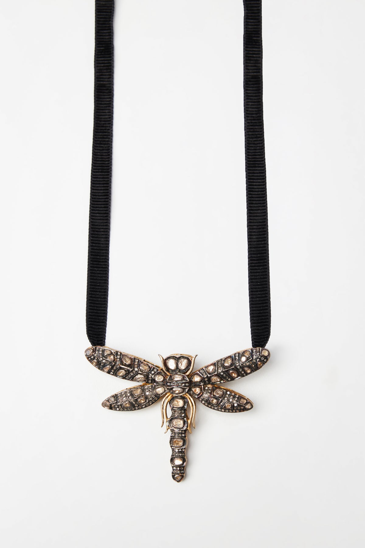 Diamond Dragonfly Pendant Necklace with Silk Cord