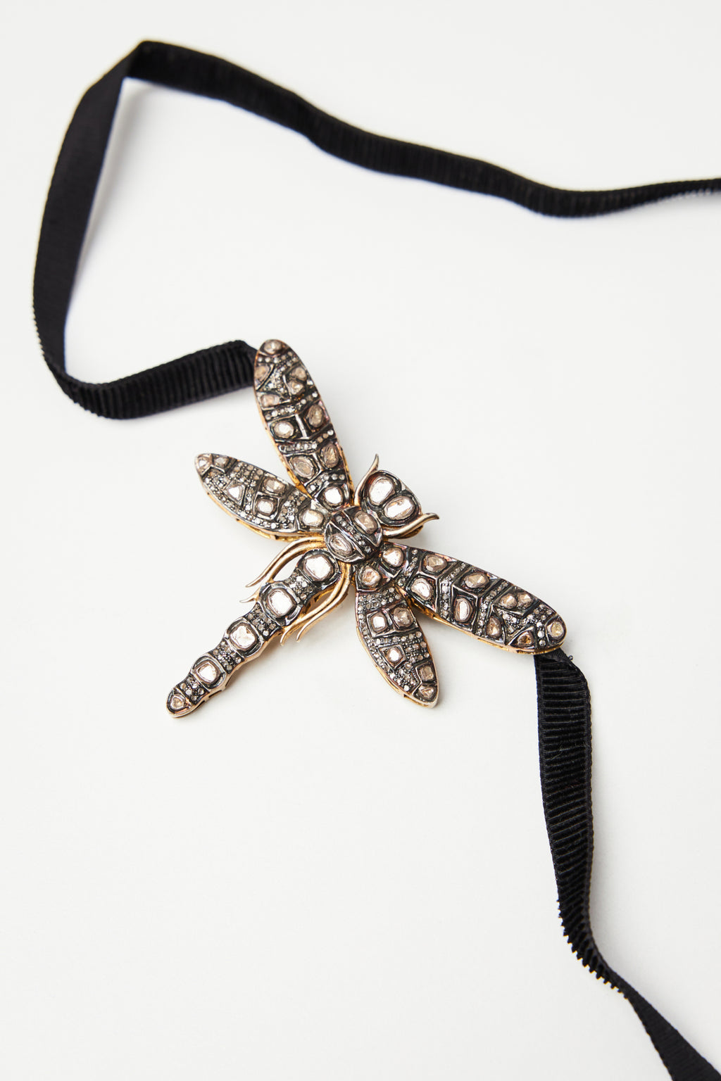Diamond Dragonfly Pendant Necklace with Silk Cord