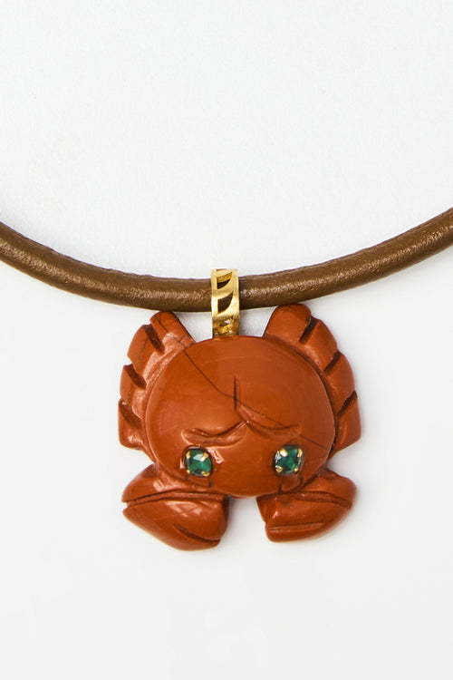 Coral Crab Pendant Necklace with Leather Cord