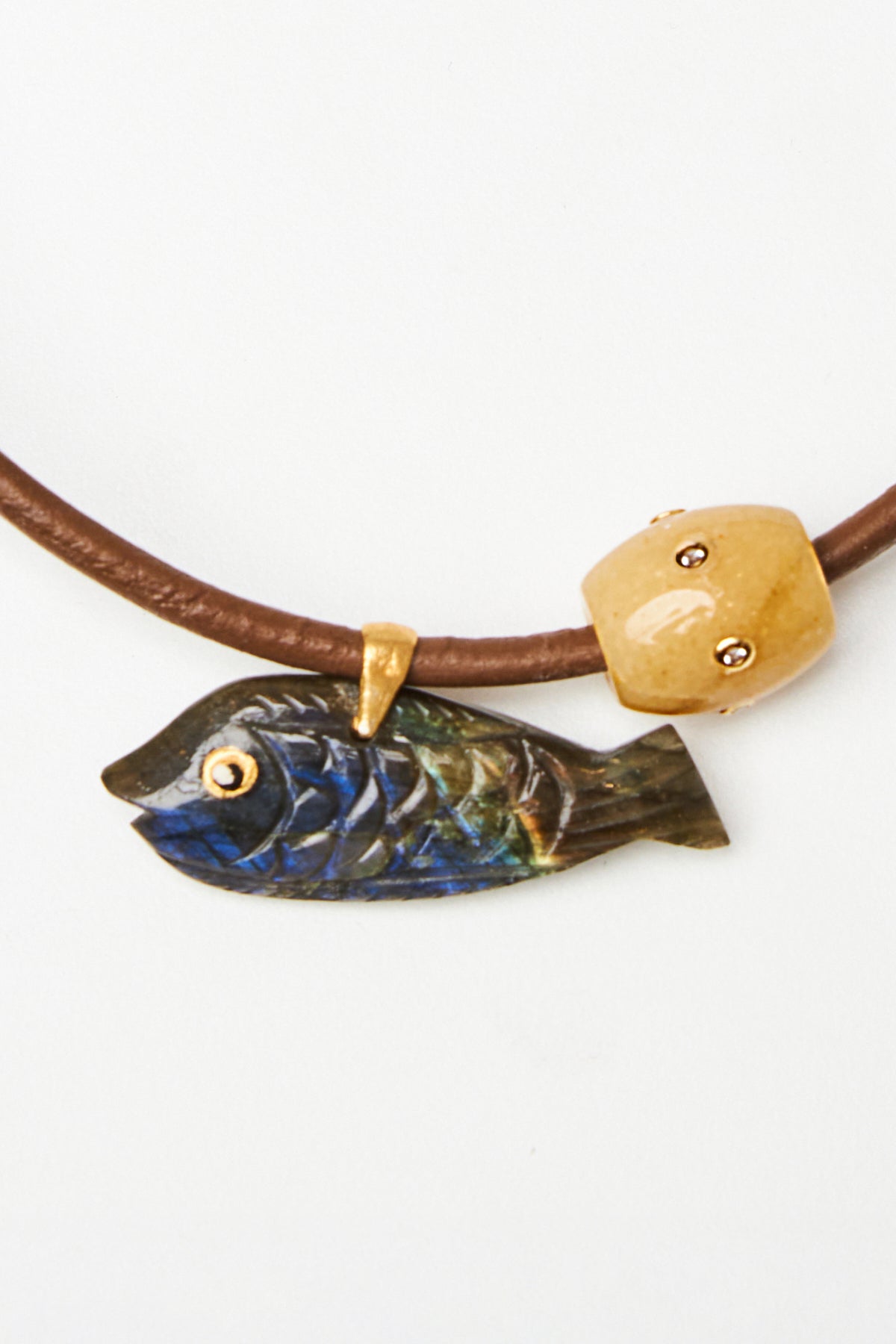 Labradorite Fish Pendant Necklace with Leather Cord