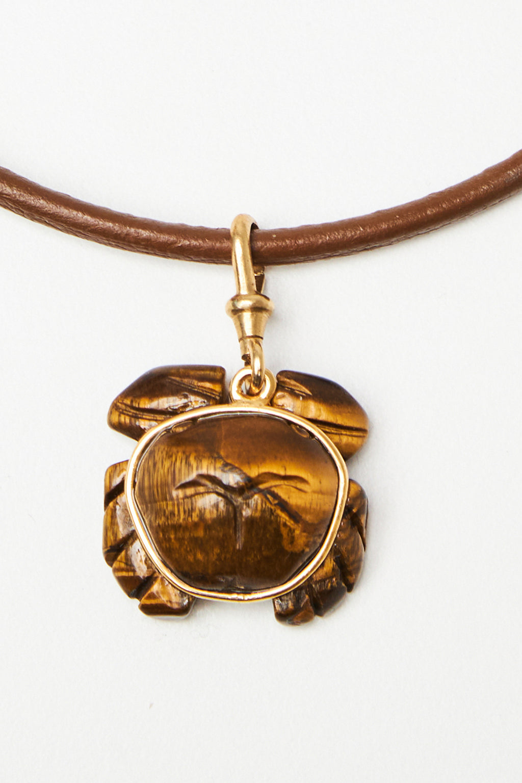 Tiger’s Eye Crab Pendant Necklace with Leather Cord