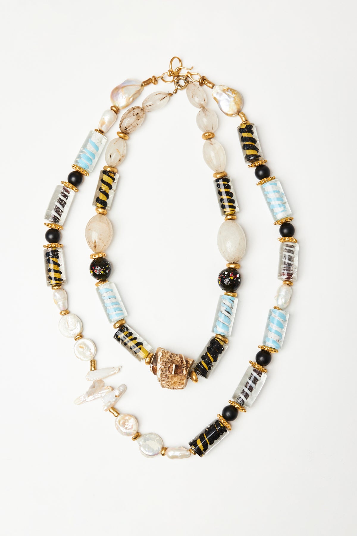 Mixed Glass and Vintage Quartz Necklace with Gold Accents