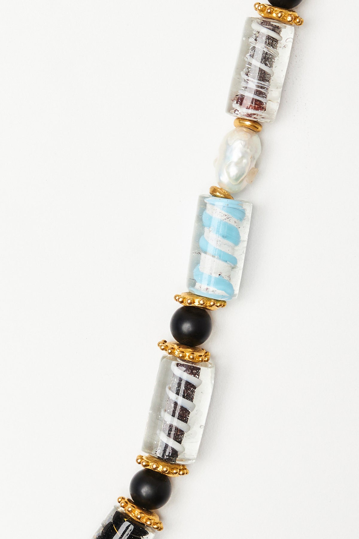 Mixed Glass and Baroque Pearl Necklace with Gold Accents