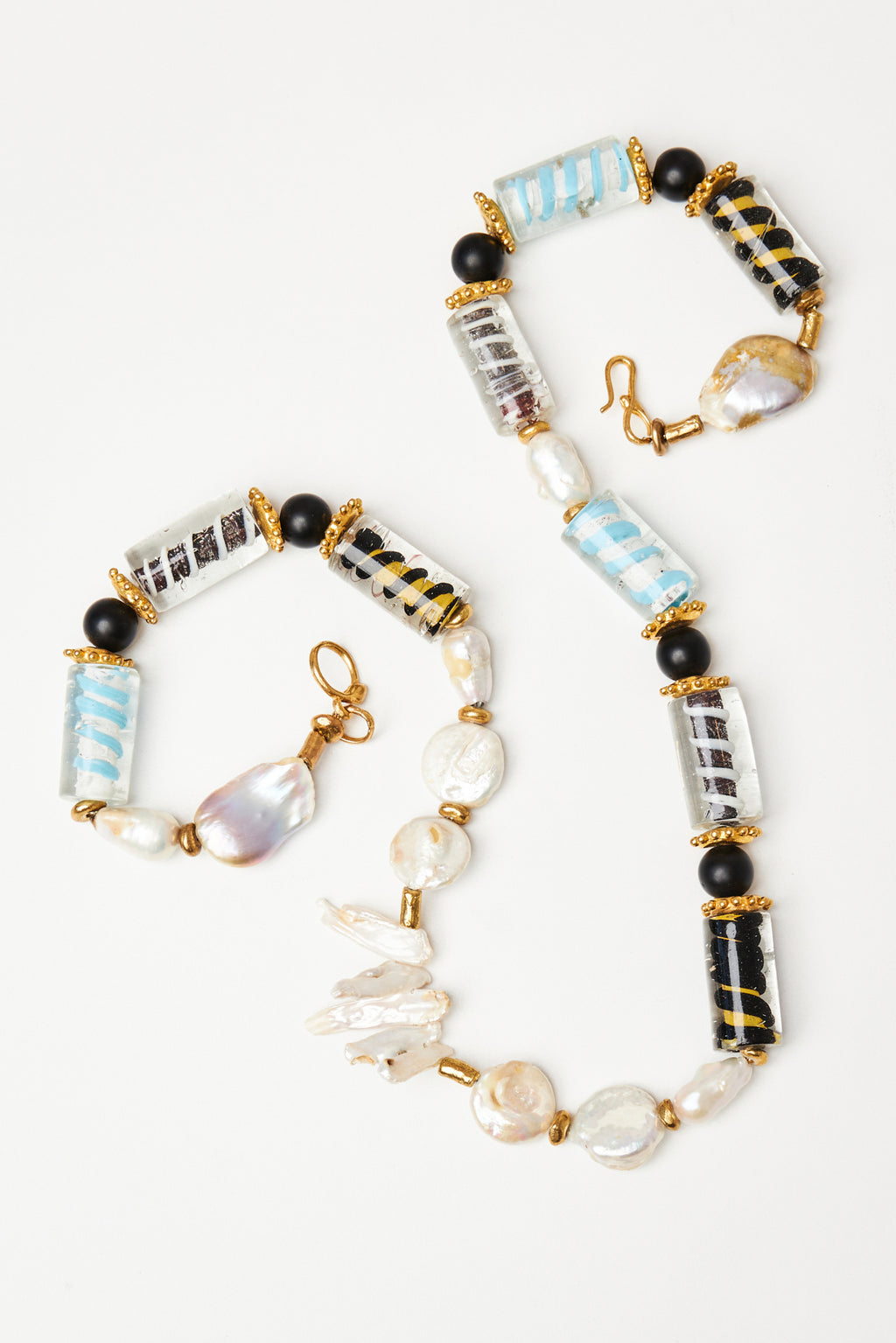 Mixed Glass and Baroque Pearl Necklace with Gold Accents