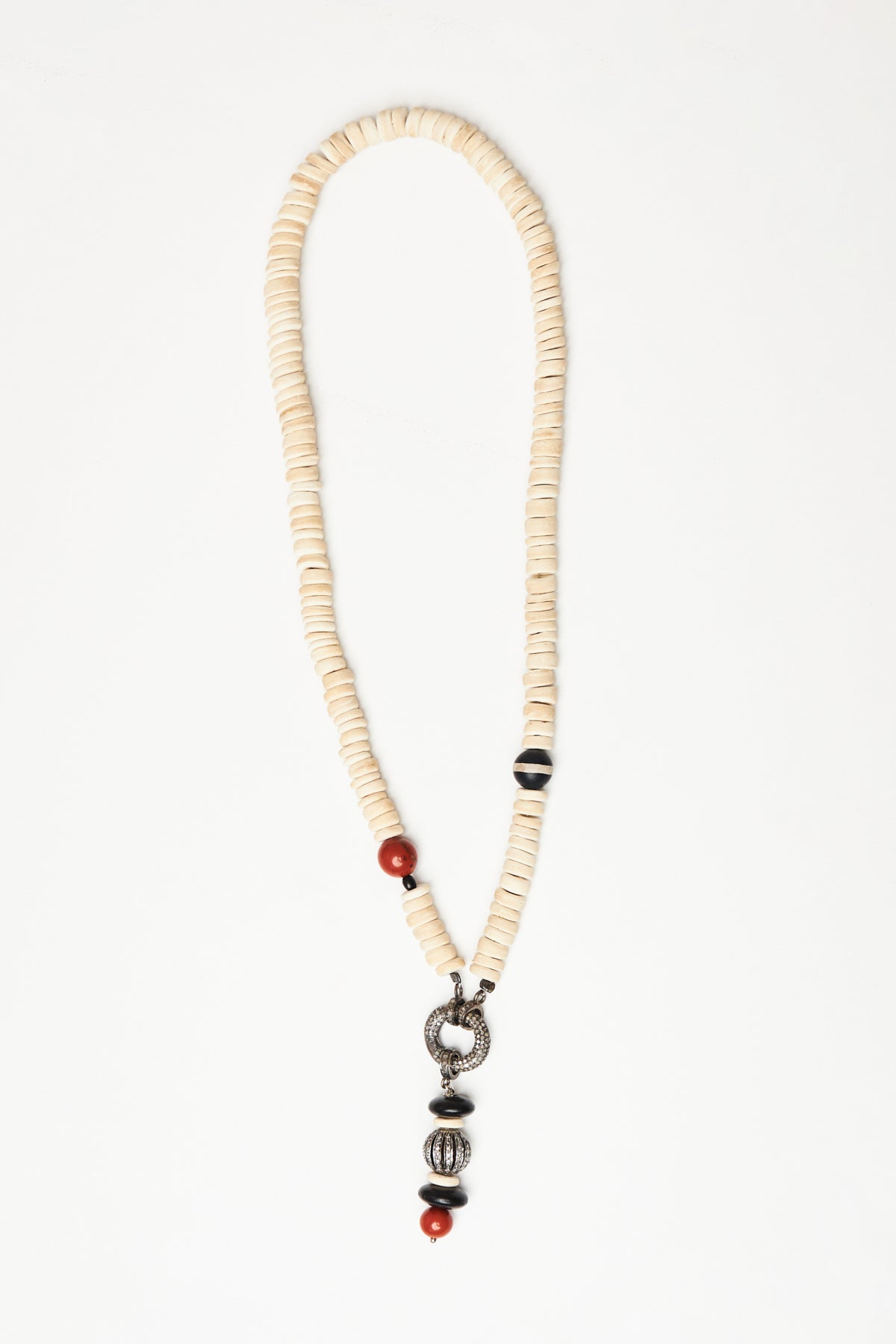 White Coral Disc Bead Necklace with Rose-Cut Diamond Pendant Drop