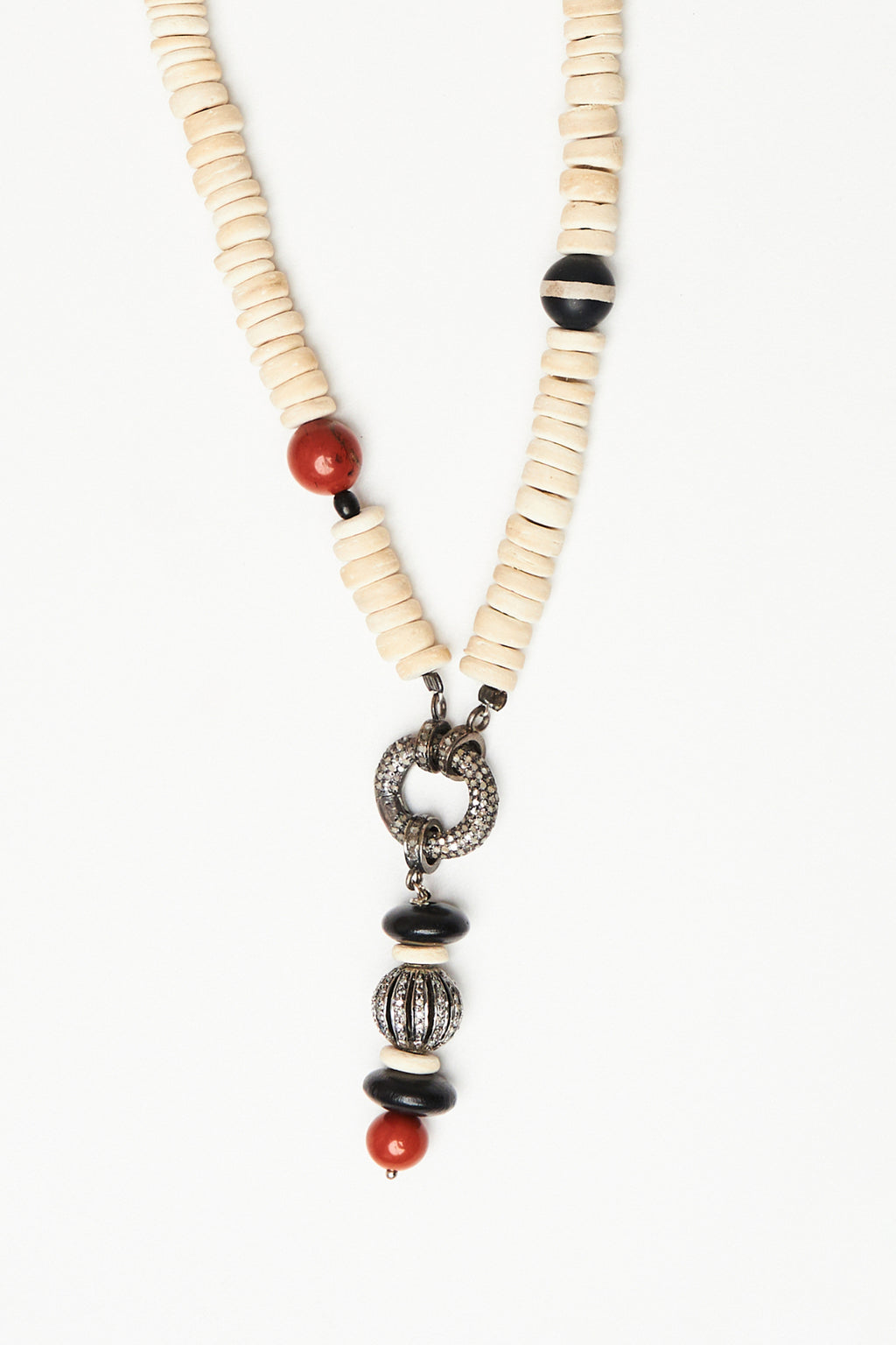 White Coral Disc Bead Necklace with Rose-Cut Diamond Pendant Drop