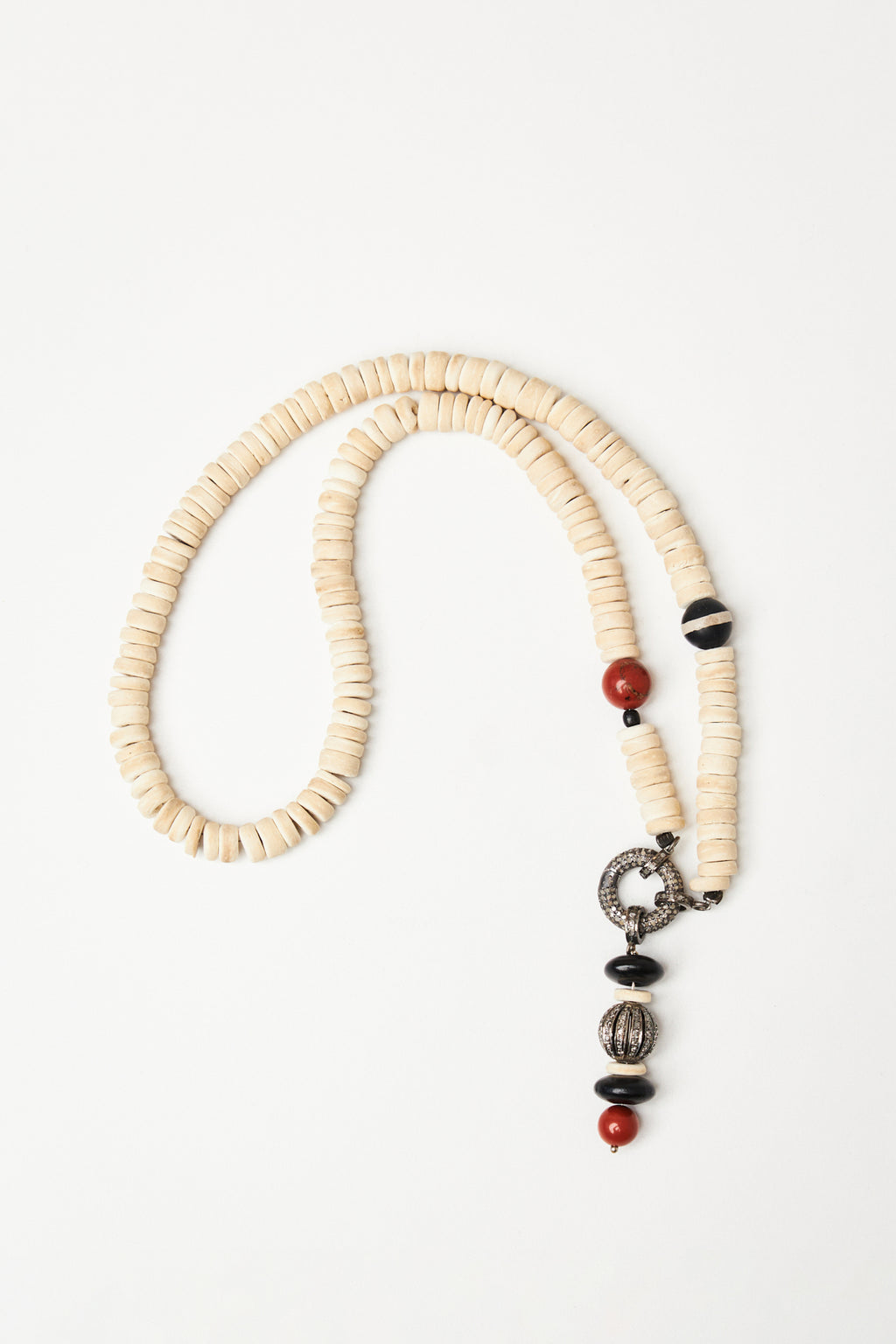 White Coral Disc Bead Necklace with Rose-Cut Diamond Pendant Drop