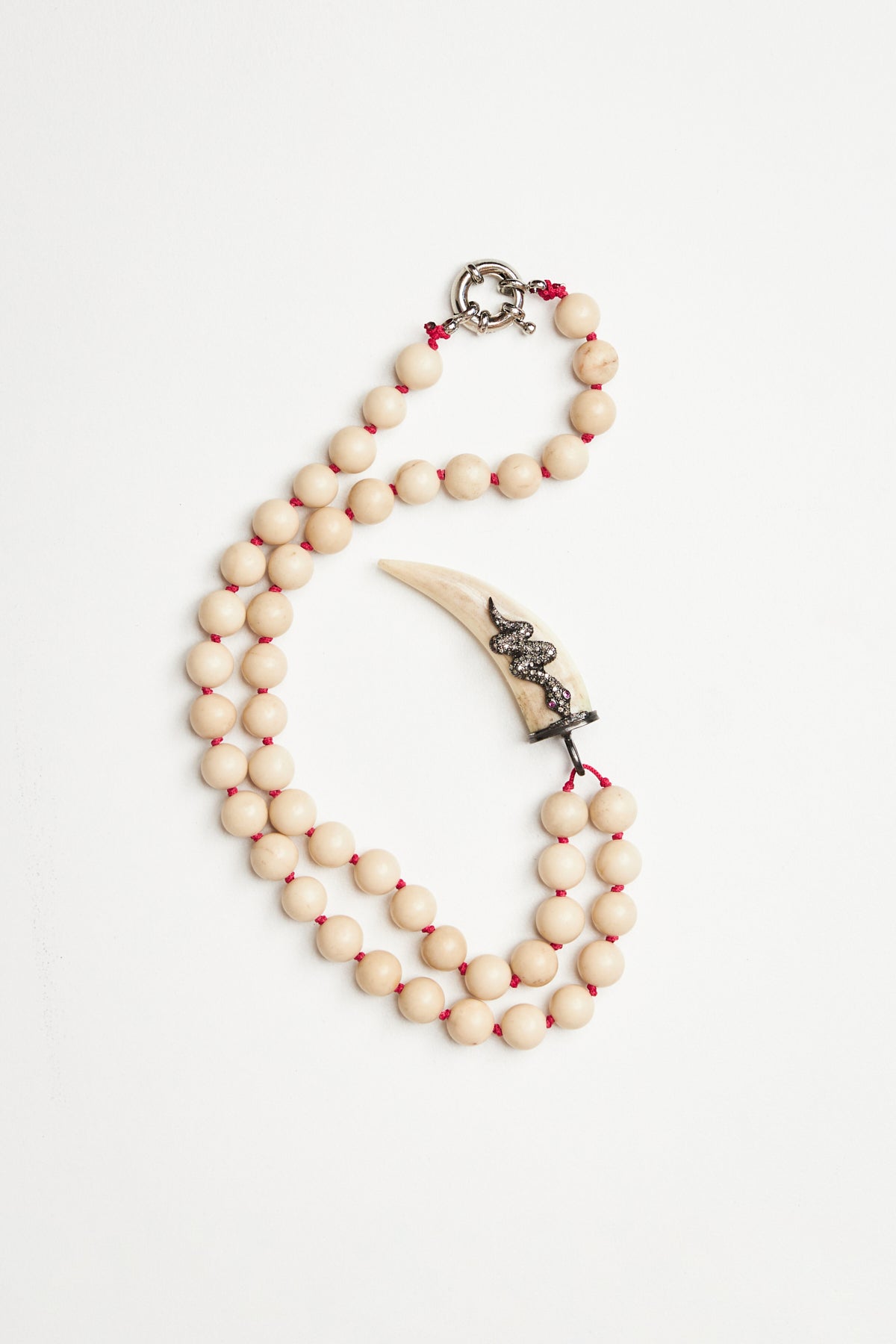 White Jasper Bead Necklace with Diamond Snake Pendant