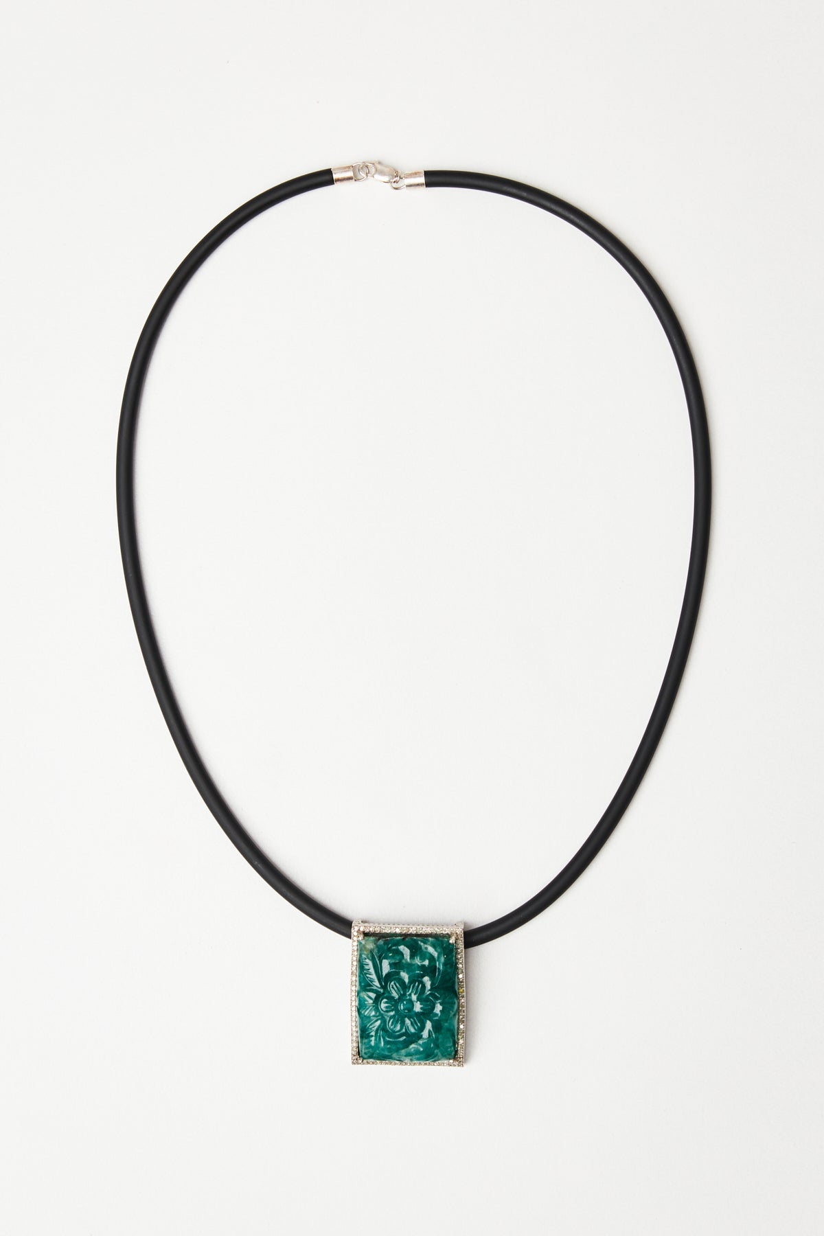 Carved Emerald Pendant Necklace with Diamond Pavé Outline