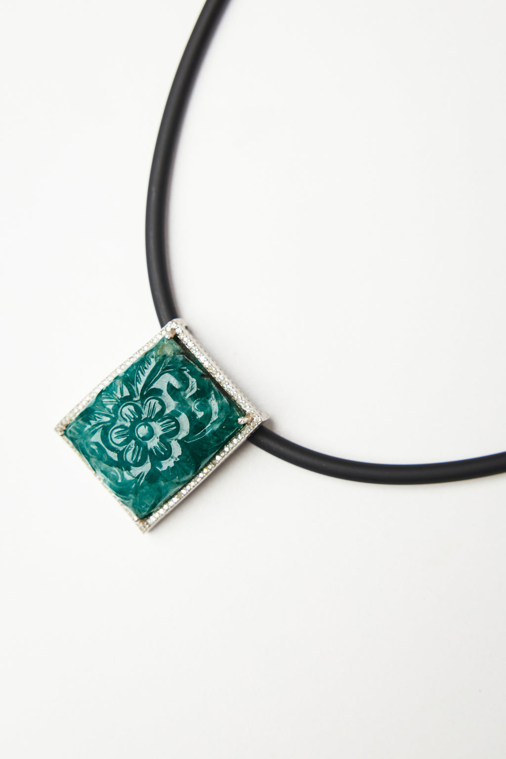 Carved Emerald Pendant Necklace with Diamond Pavé Outline