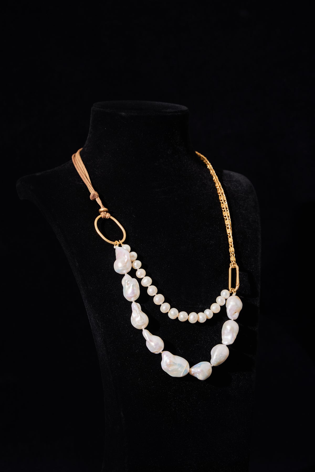 Asymmetrical Pearl Necklace with Gold Chain and Vegan Leather Detail