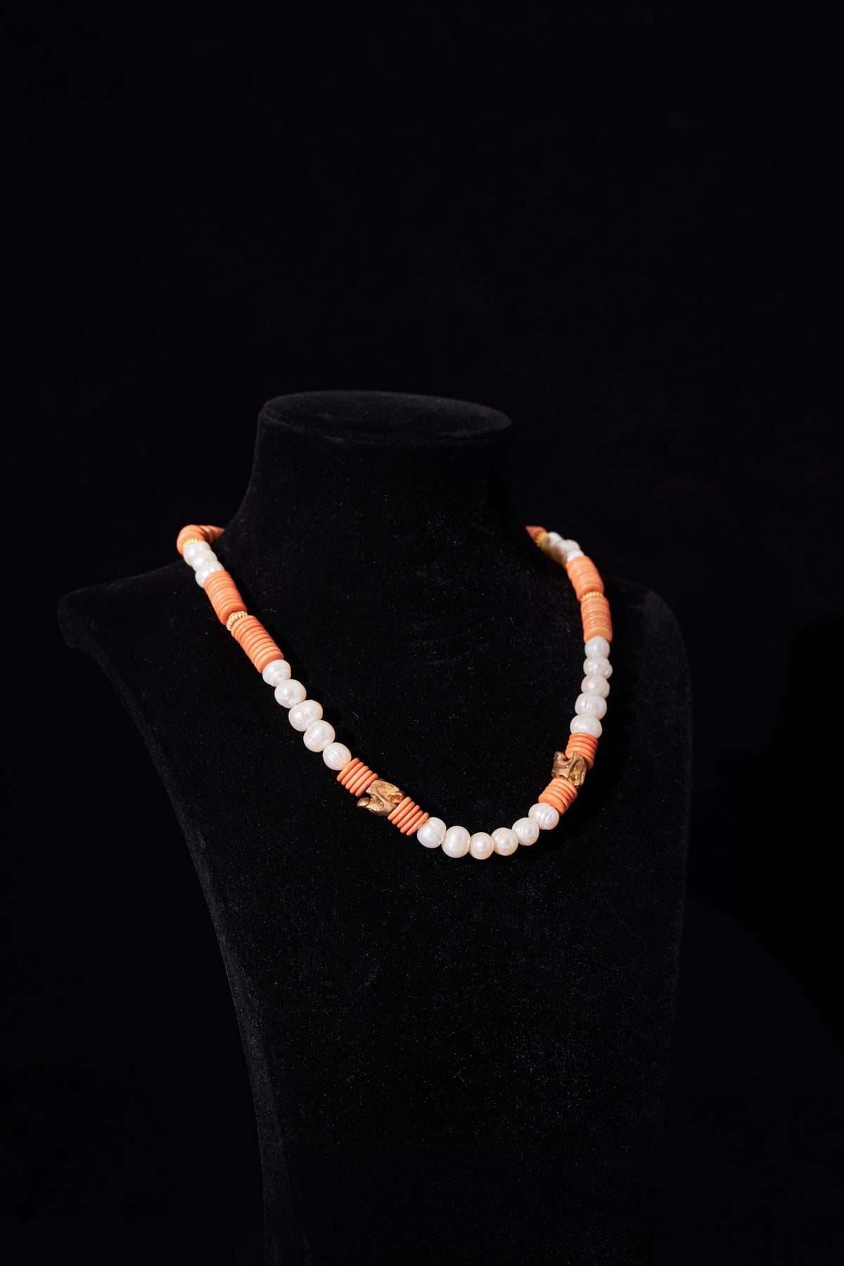 Coral and Pearl Beaded Necklace with Gold Accents
