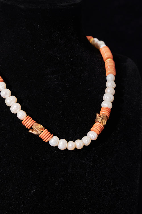 Coral and Pearl Beaded Necklace with Gold Accents
