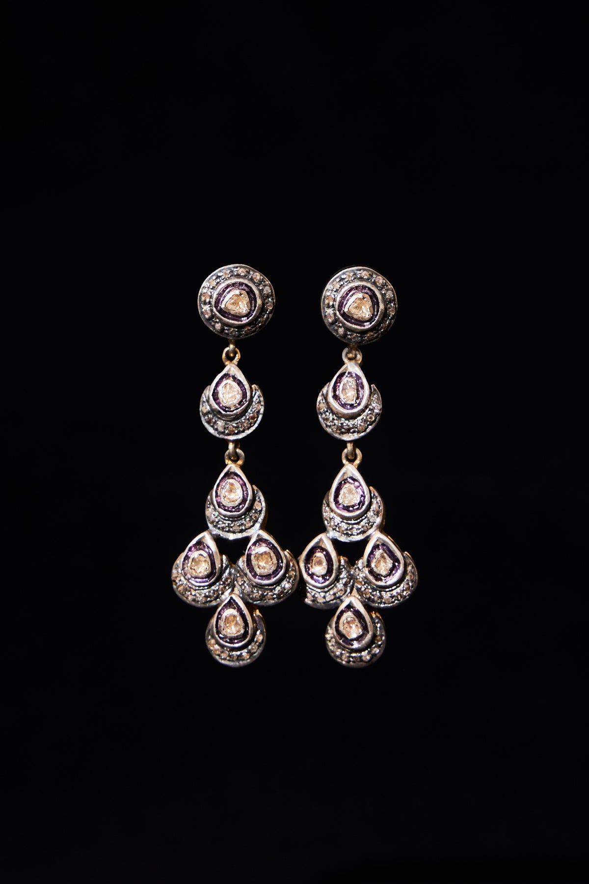 Rose-Cut Diamond Pavé Teardrop Chandelier Earrings