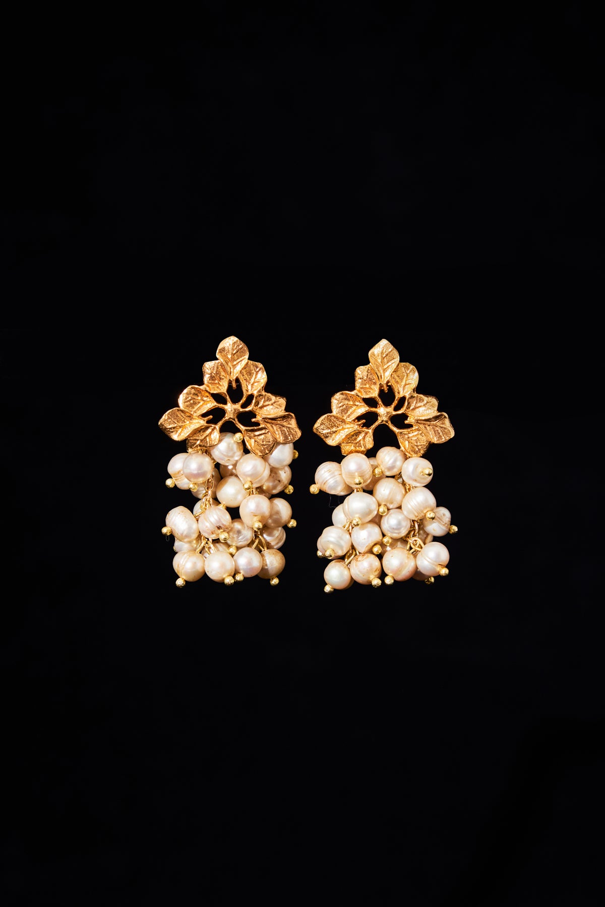 Gold Leaf Pearl Cluster Earrings