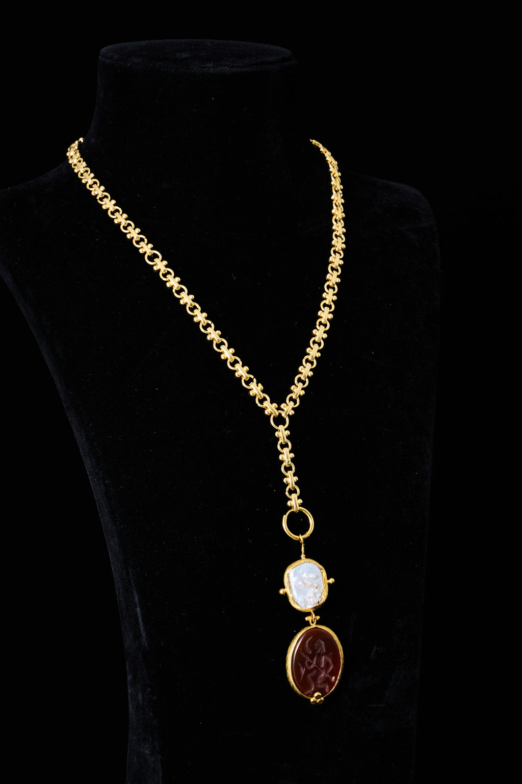 Pearl & Burgundy Glass Pendant Necklace
