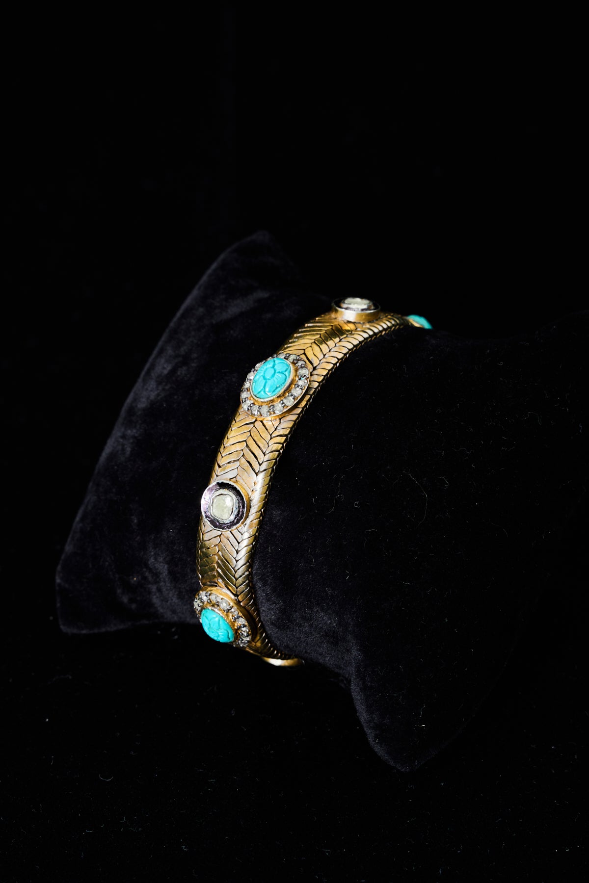 Vintage Diamond & Turquoise Cabochon Silver Bracelet