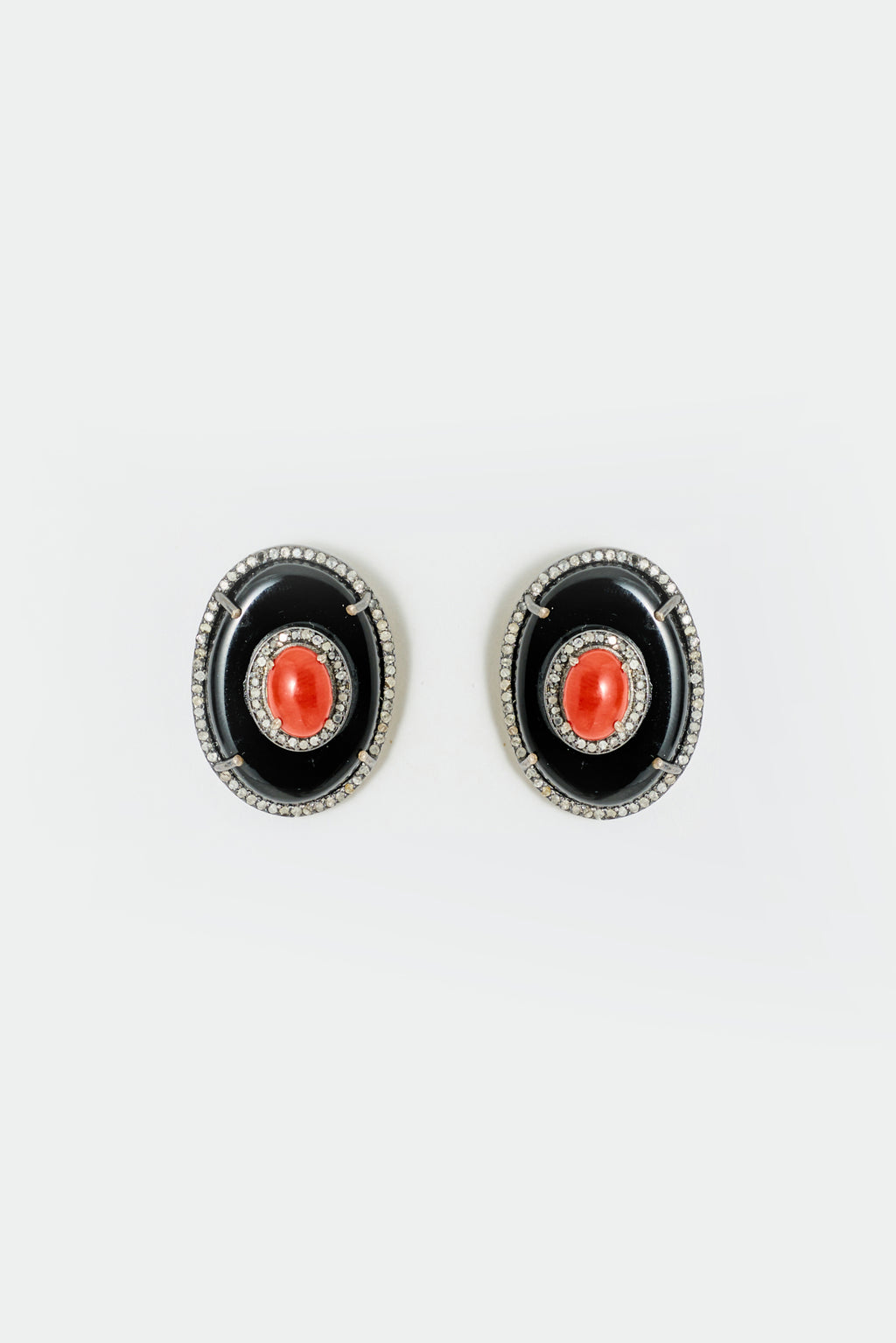 Onyx & Coral Cabochon Earrings