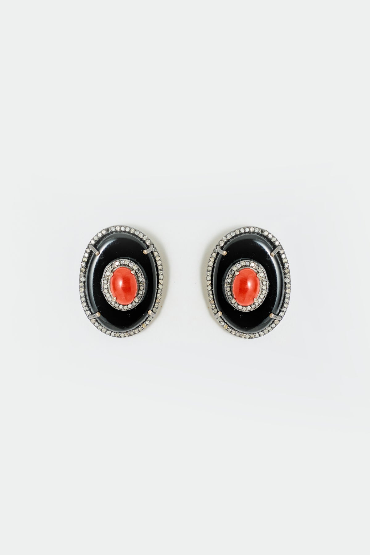 Onyx & Coral Cabochon Earrings