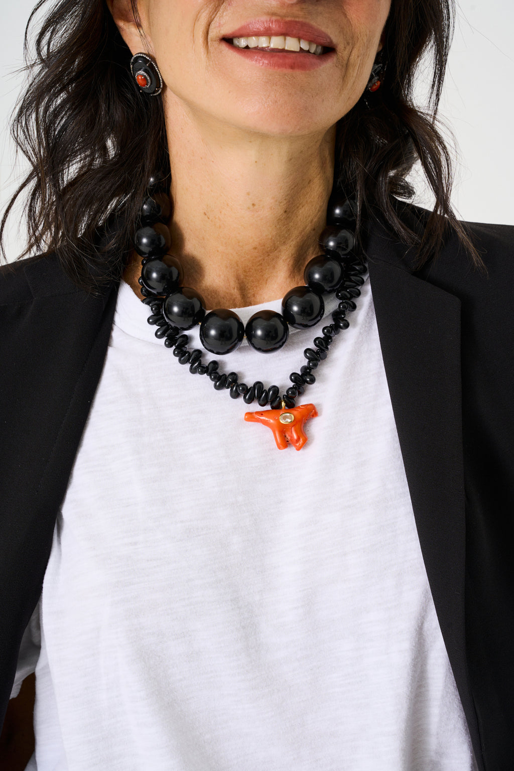 Onyx & Coral Cabochon Earrings