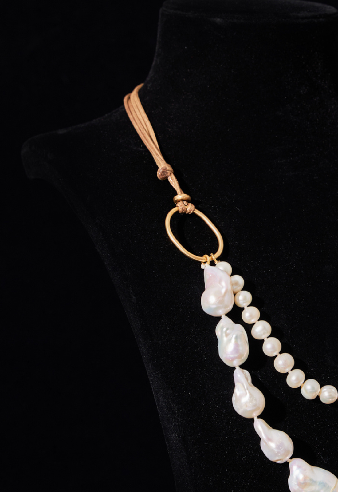 Asymmetrical Pearl Necklace with Gold Chain and Vegan Leather Detail
