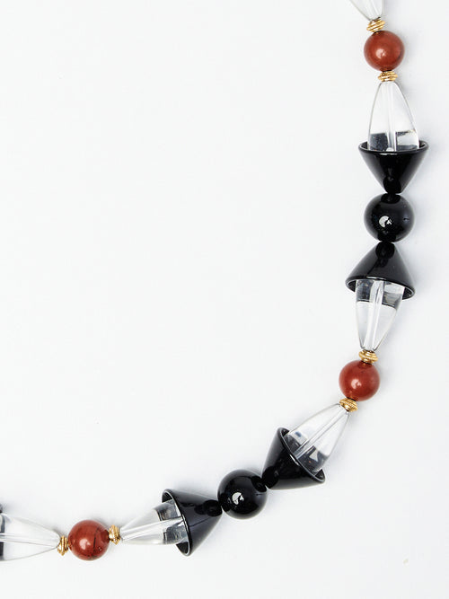 Art-Deco Black & Clear Quartz Beaded Necklace with Jasper Details