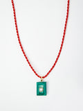 Malachite & Diamond Pendant Necklace with Red Silk Cord