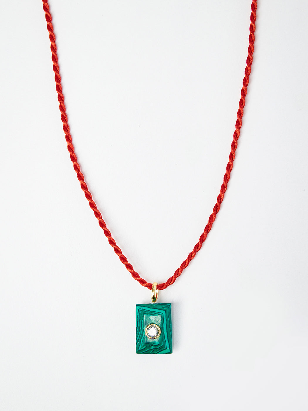 Malachite & Diamond Pendant Necklace with Red Silk Cord