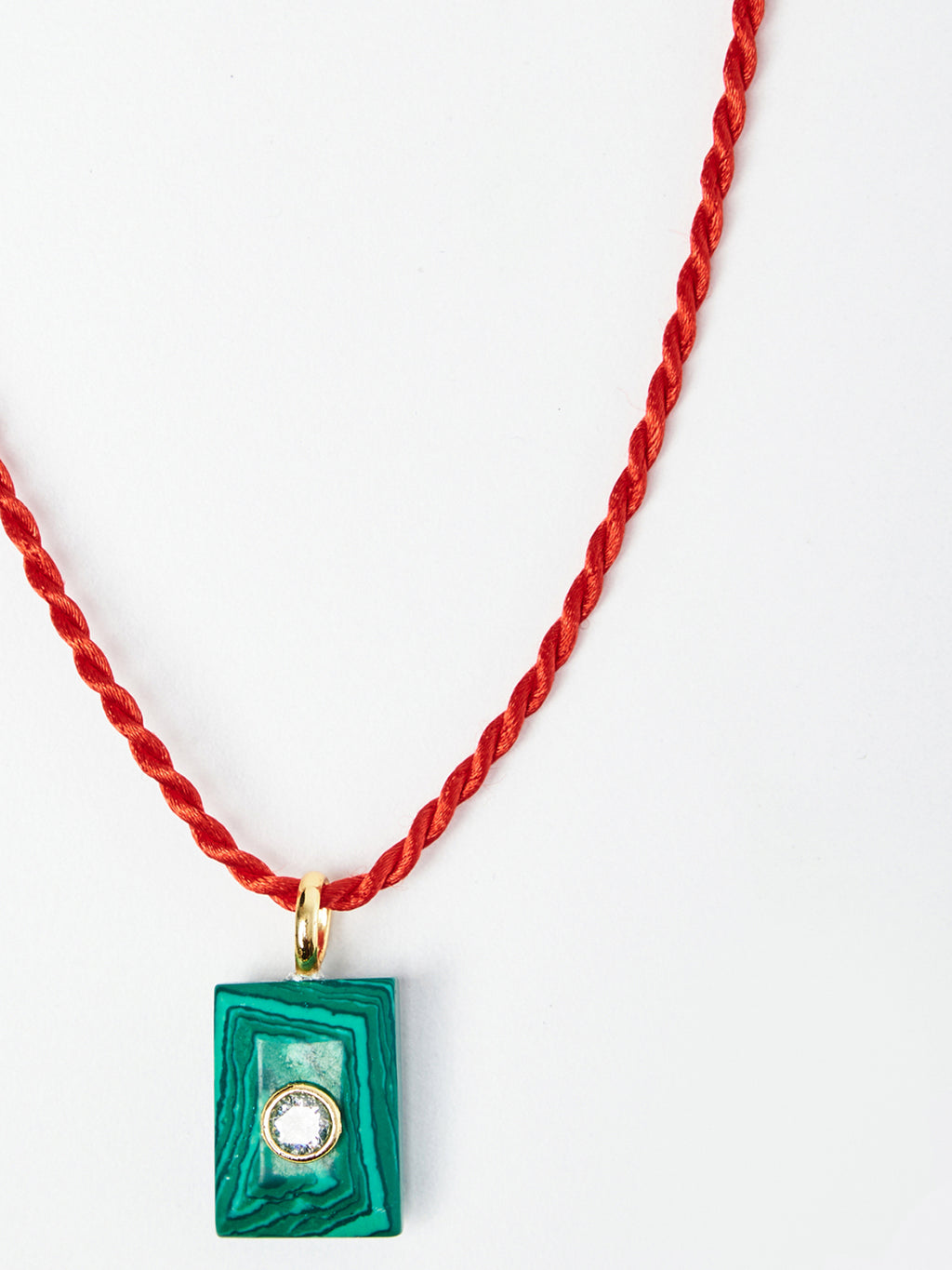 Malachite & Diamond Pendant Necklace with Red Silk Cord