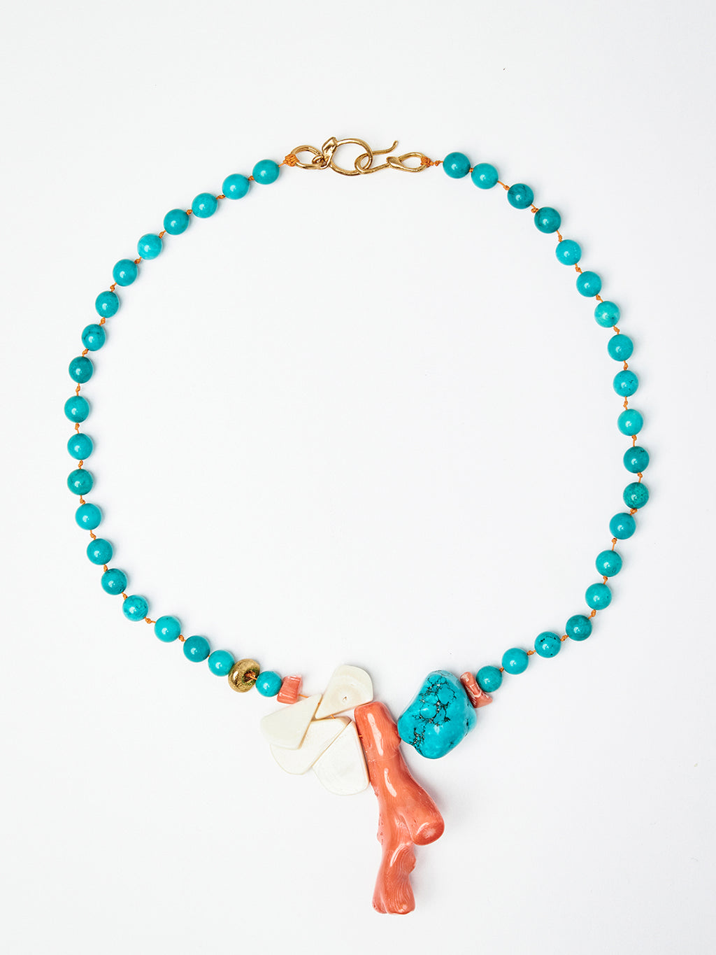 Turquoise Bead Necklace with Coral Charms