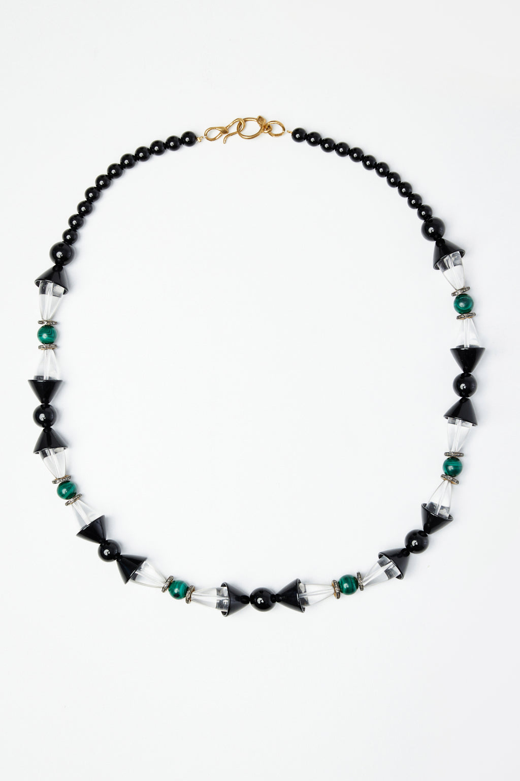 Art-Deco Malachite, Black and Clear Quartz Beaded Necklace with Diamond details