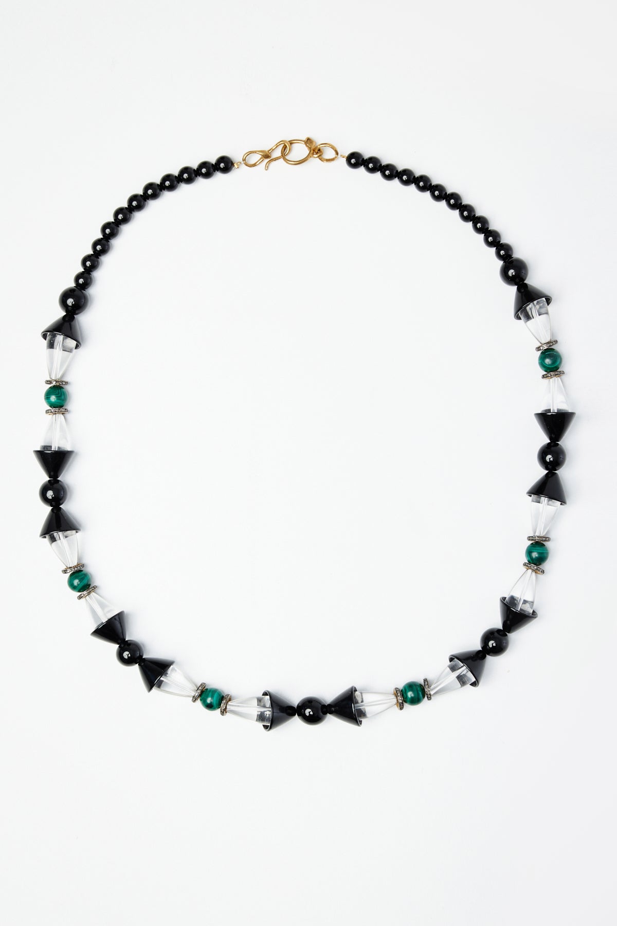 Art-Deco Malachite, Black and Clear Quartz Beaded Necklace with Diamond details