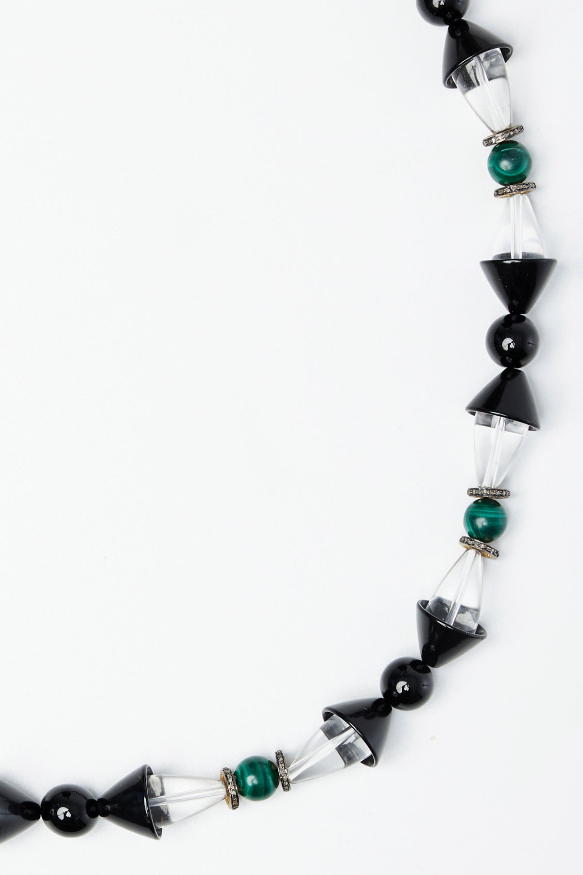 Art-Deco Malachite, Black and Clear Quartz Beaded Necklace with Diamond details
