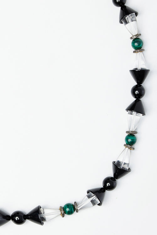 Art-Deco Malachite, Black and Clear Quartz Beaded Necklace with Diamond details