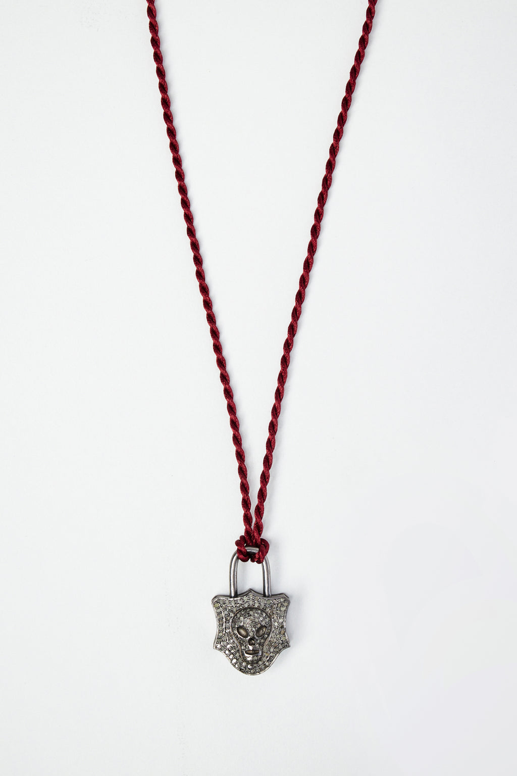 Diamond Pavé Skull Lock Pendant on Silk Cord