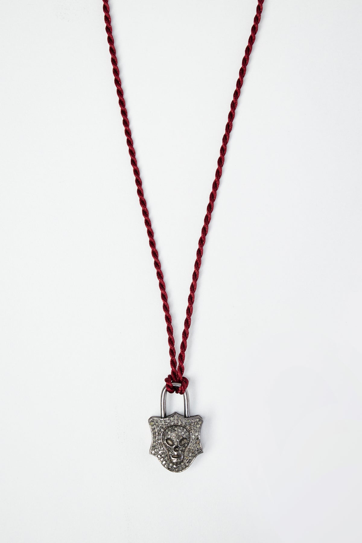 Diamond Pavé Skull Lock Pendant on Silk Cord