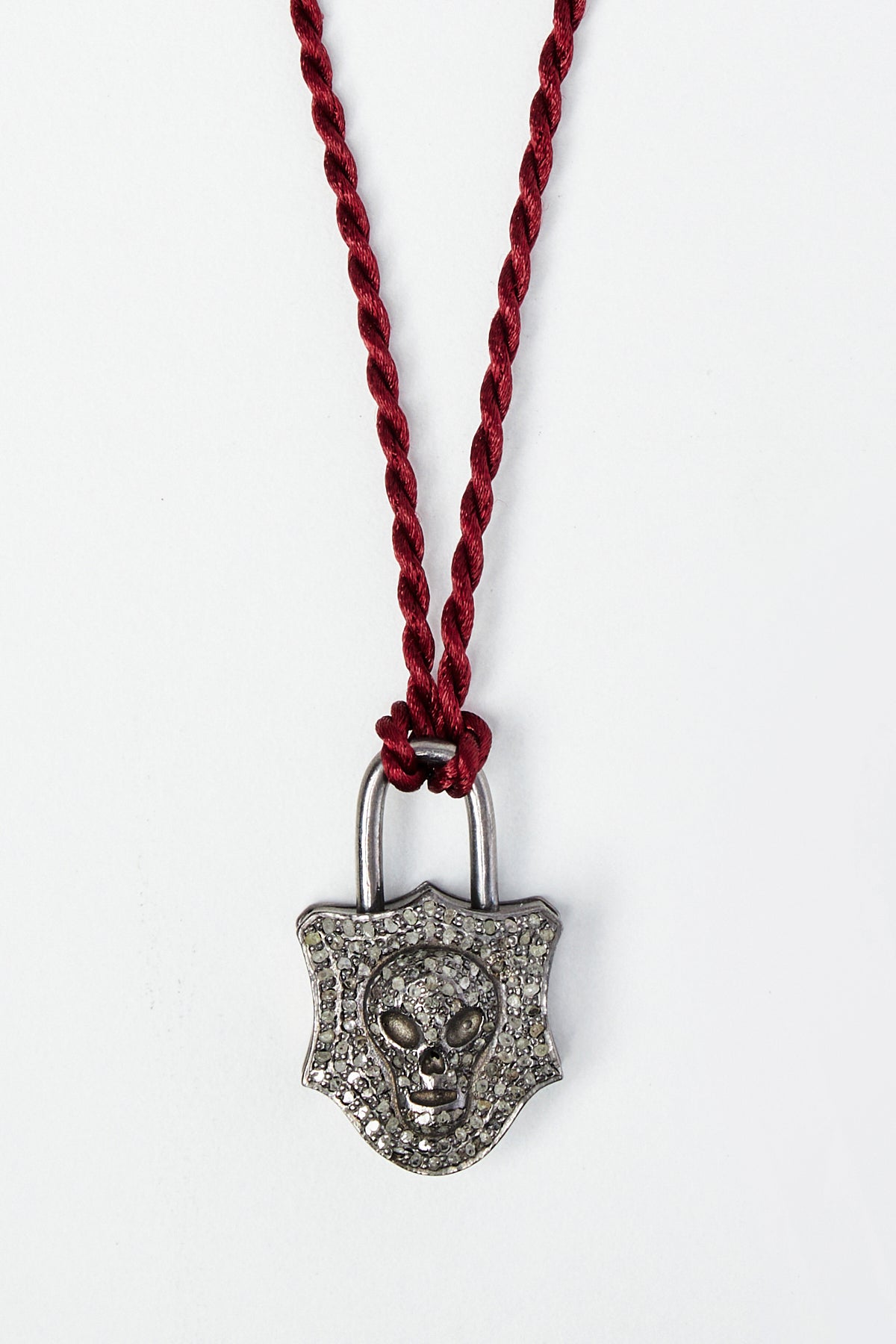 Diamond Pavé Skull Lock Pendant on Silk Cord
