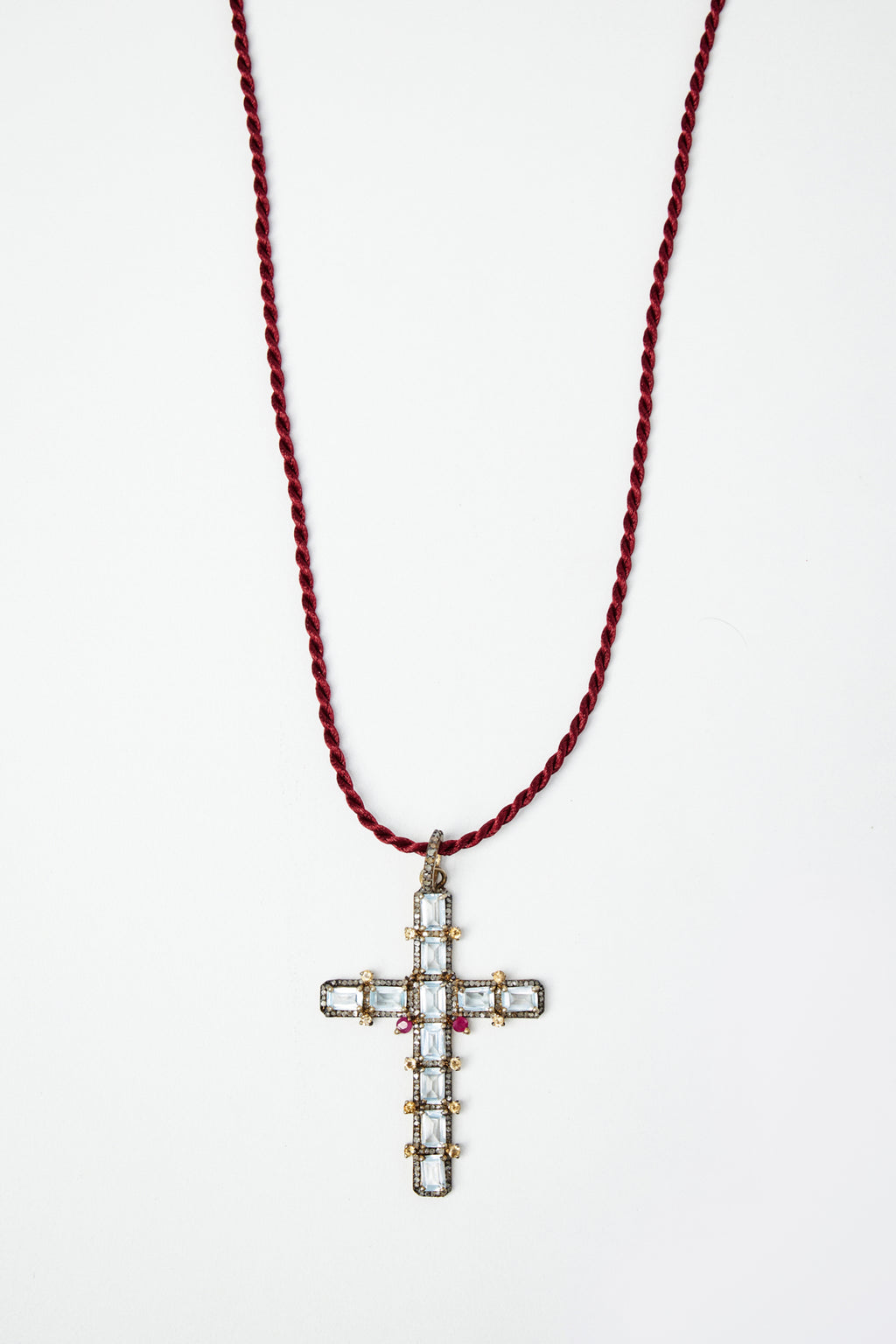 Cross Pendant Necklace Aquamarine baguette with Ruby & Diamond Details
