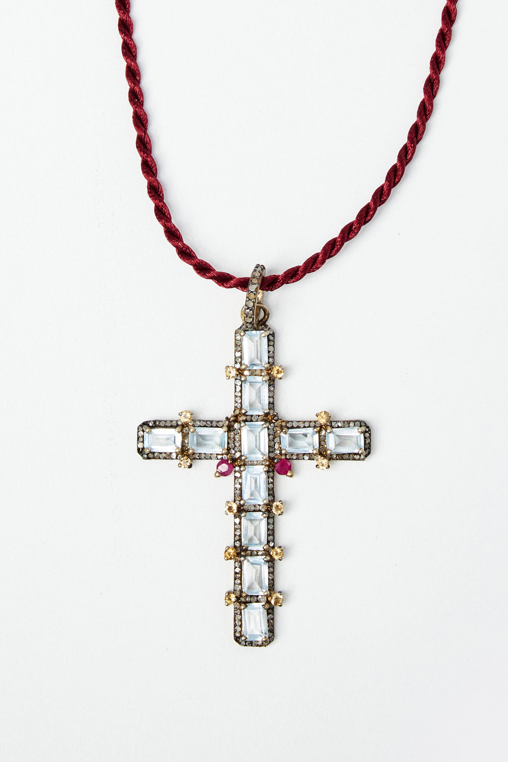 Cross Pendant Necklace Aquamarine baguette with Ruby & Diamond Details