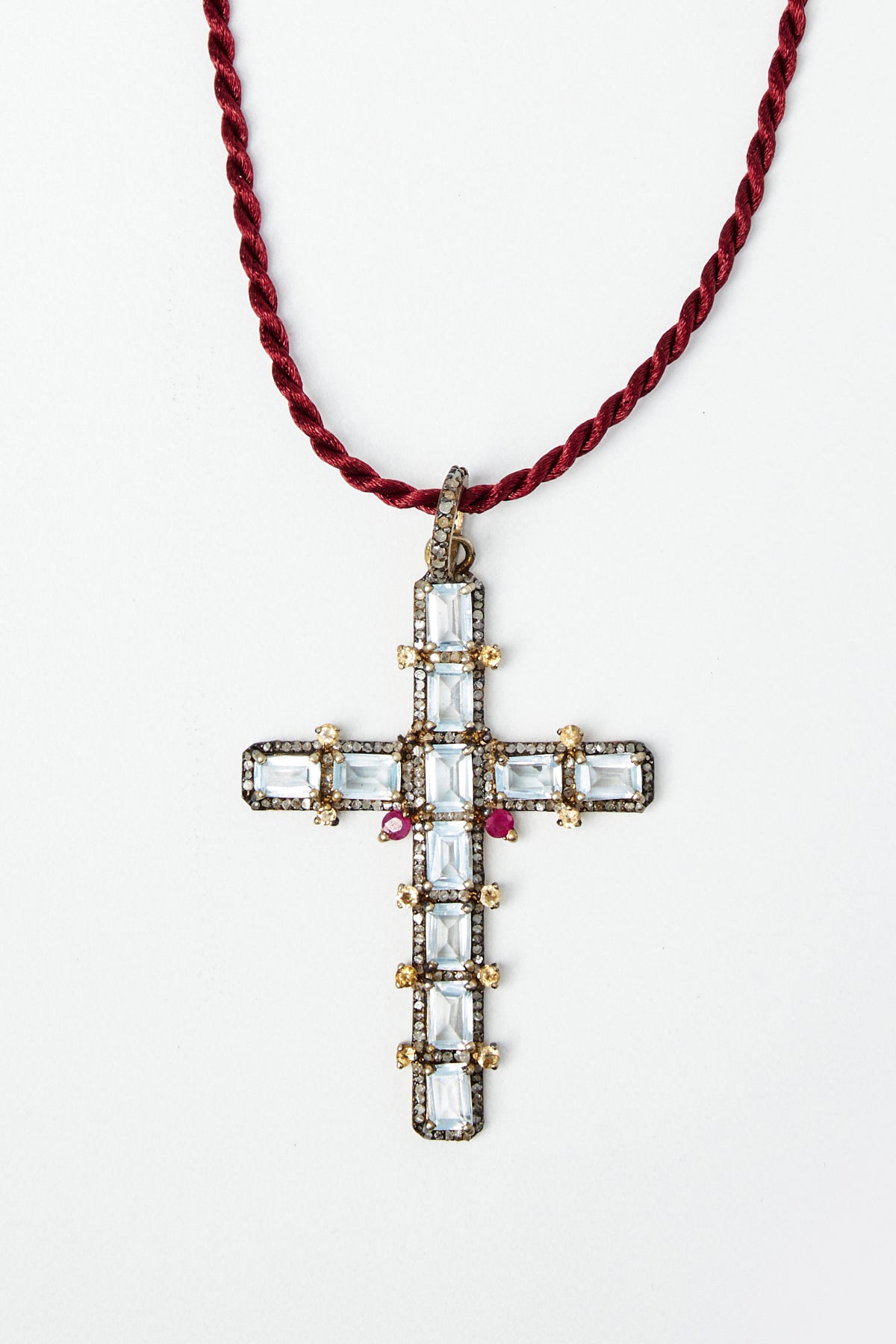 Cross Pendant Necklace Aquamarine baguette with Ruby & Diamond Details