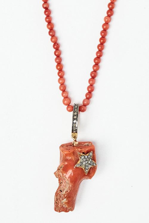 Coral Pendant with Diamond Pavé Star Necklace