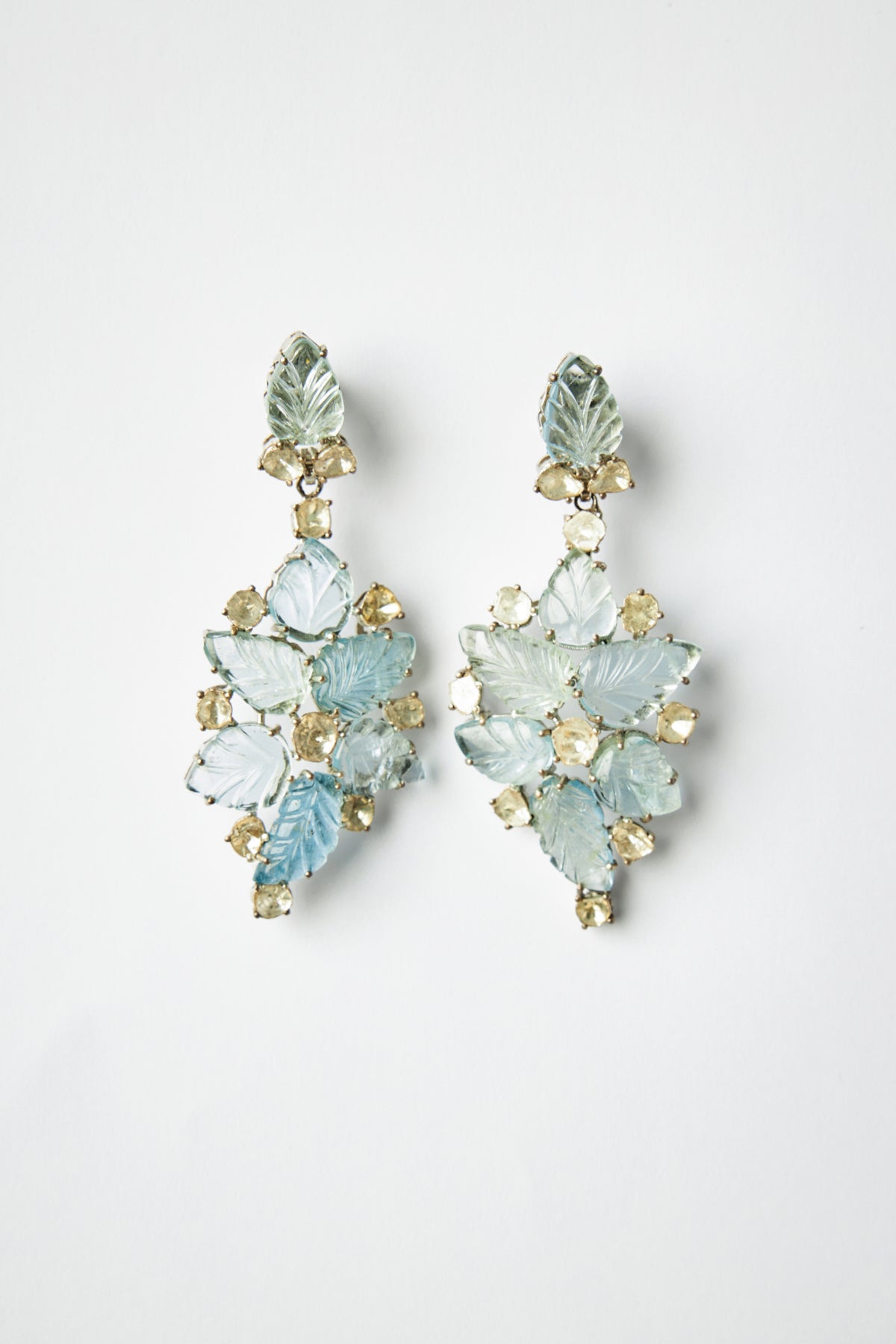 Aquamarine & Polki Diamond Leaf Cluster Earrings