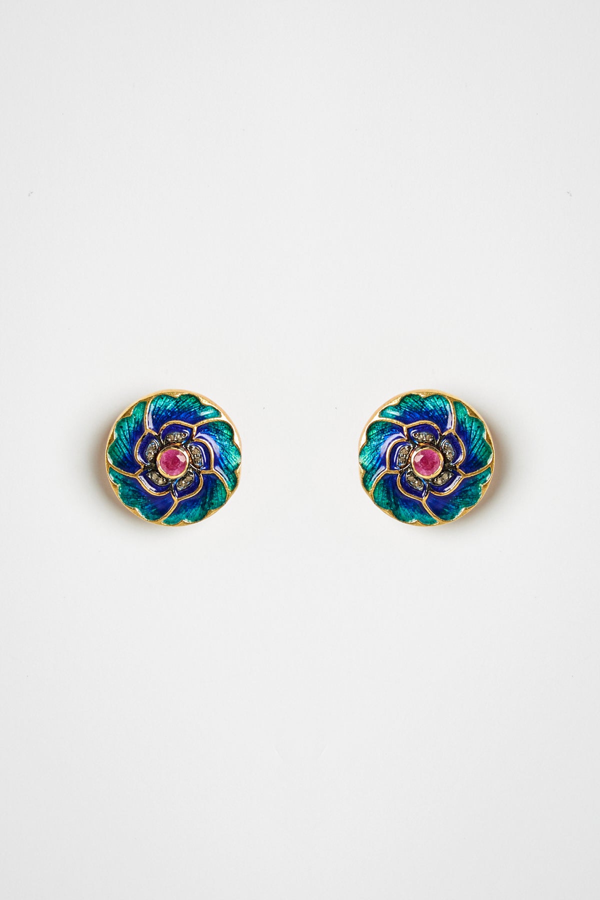 Enamel & Ruby Flower Earrings