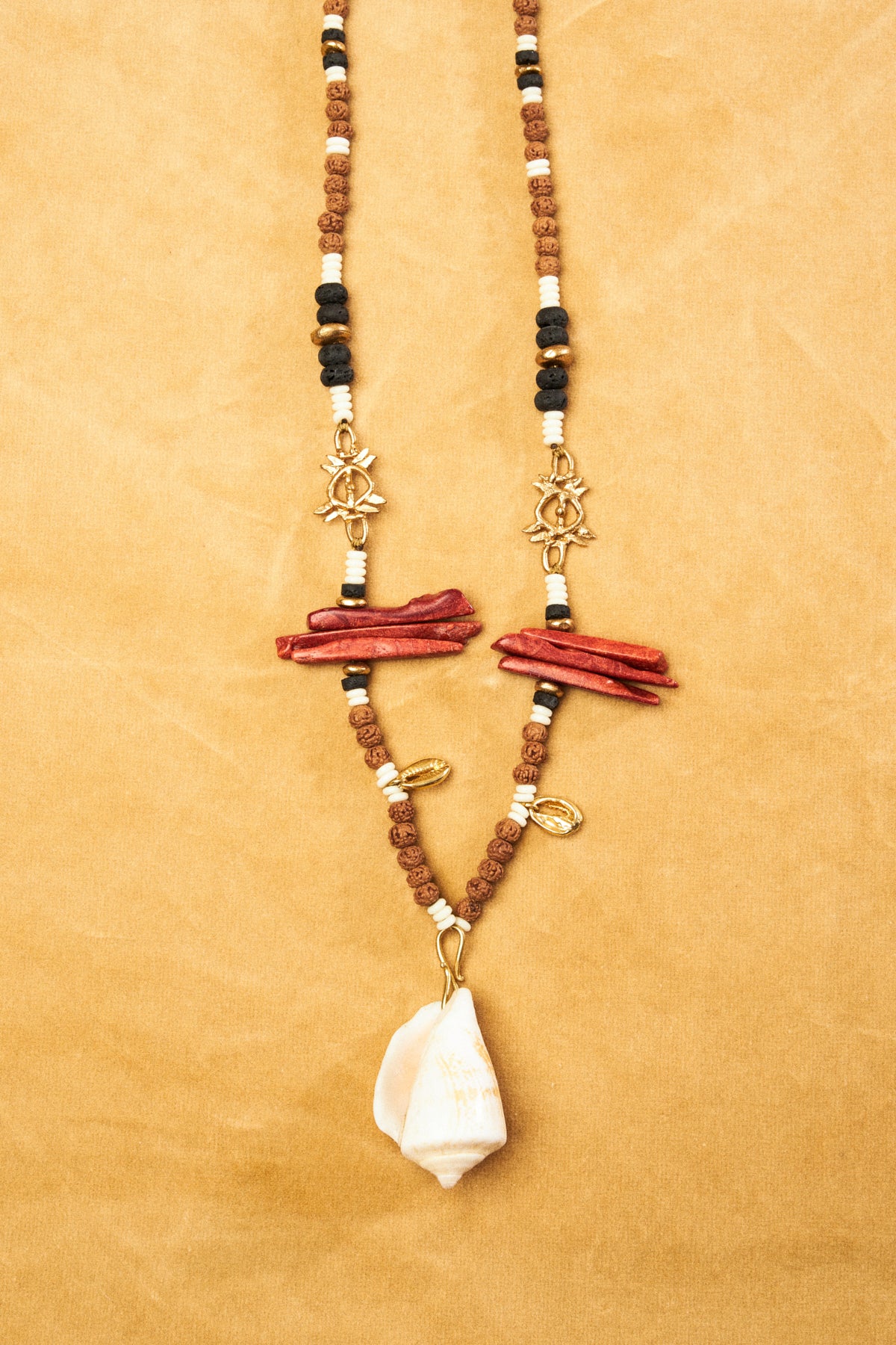 Rudraska Bead Necklace with Coral & Seashell