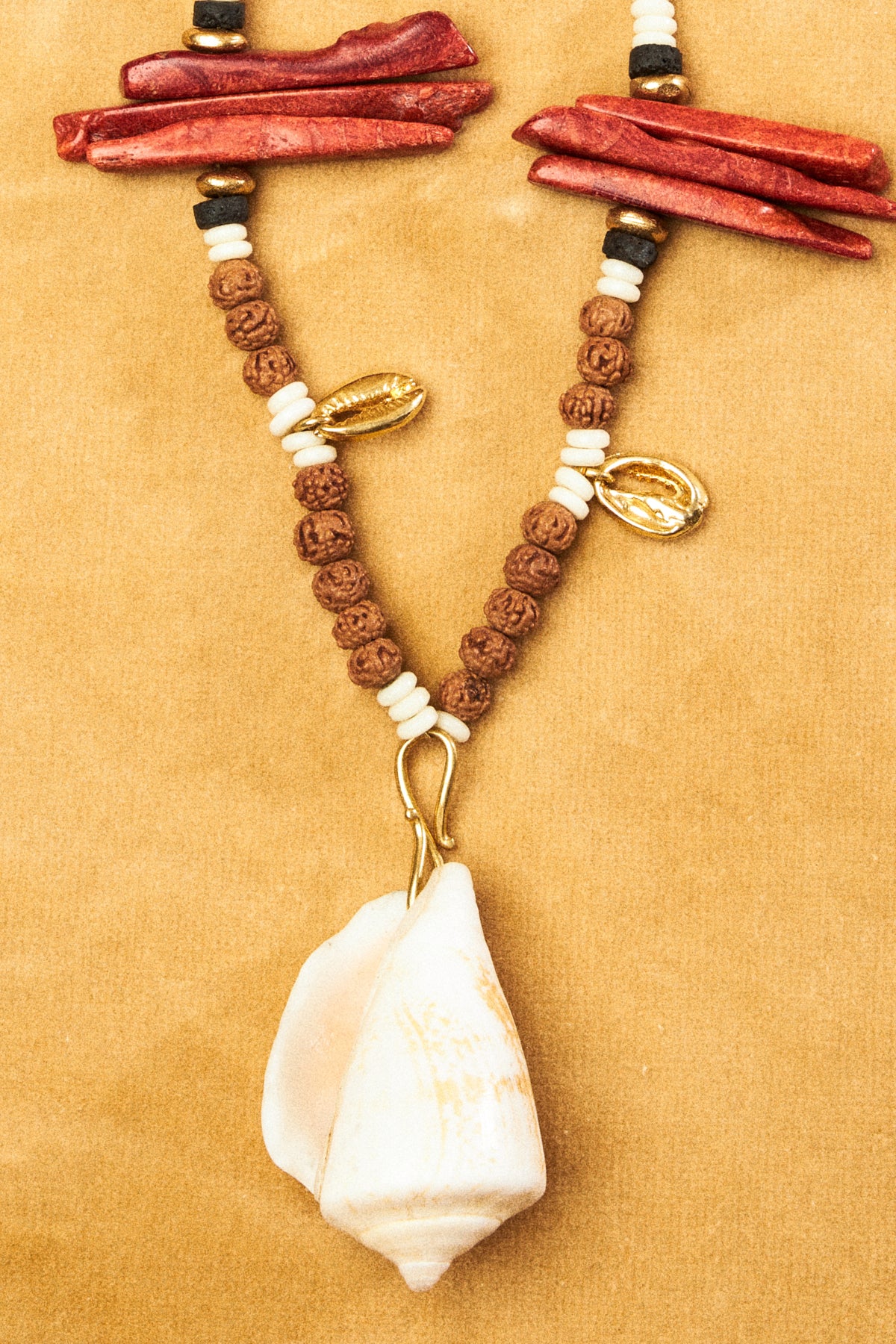 Rudraska Bead Necklace with Coral & Seashell
