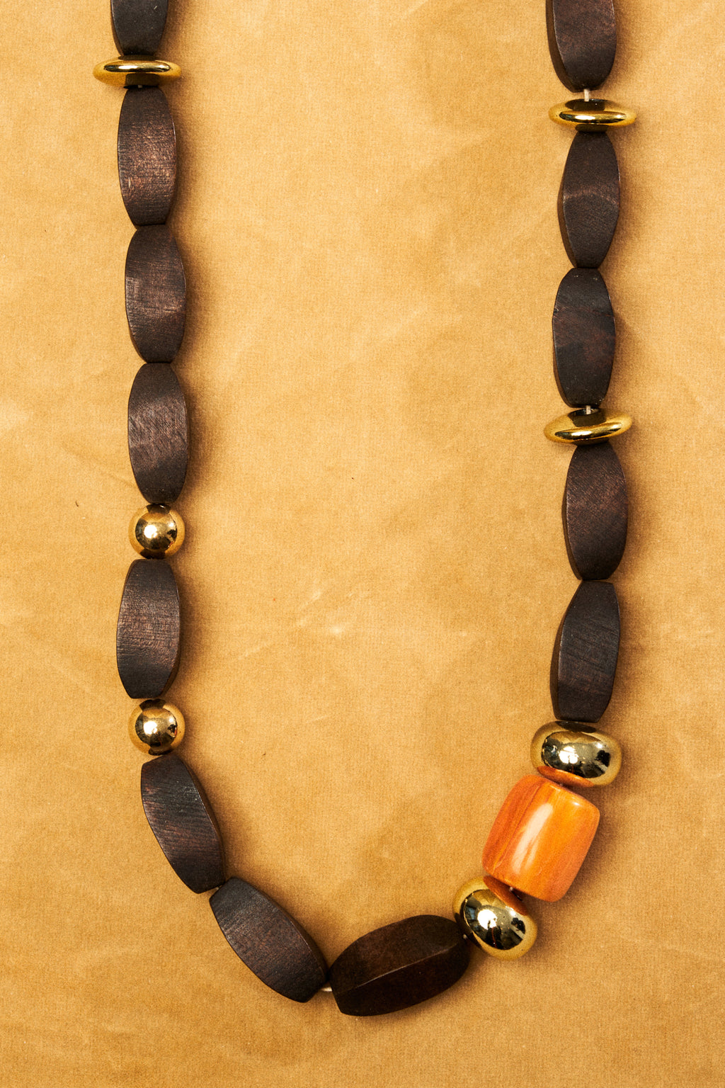 Wooden Necklace with Bakalite & Gold Accents