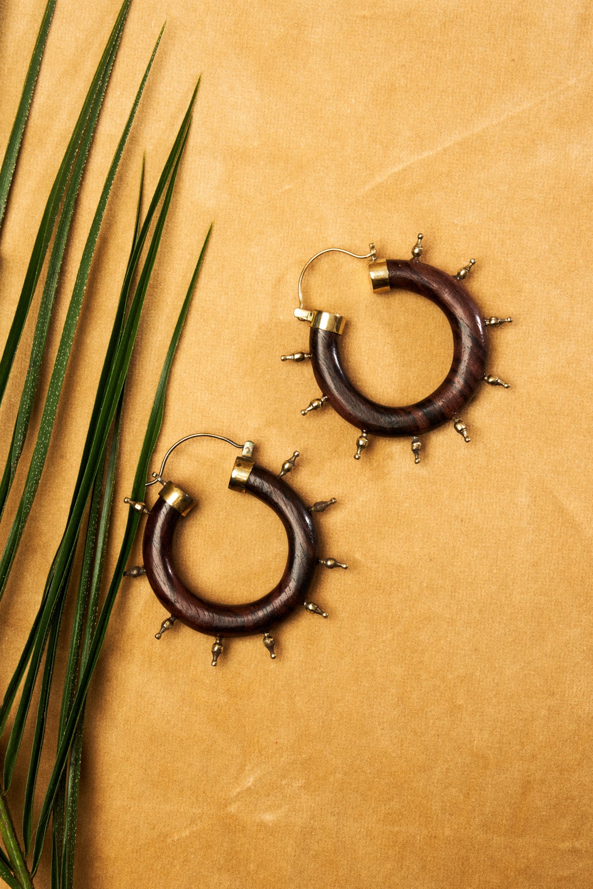 Wooden Hoop Earrings with Gold Spikes