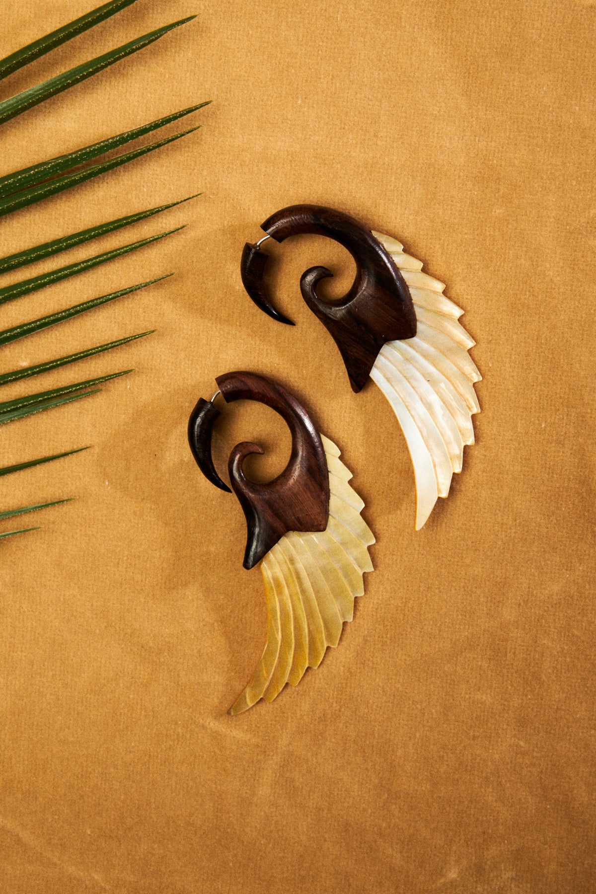 Wooden & Ivory Wing Earrings