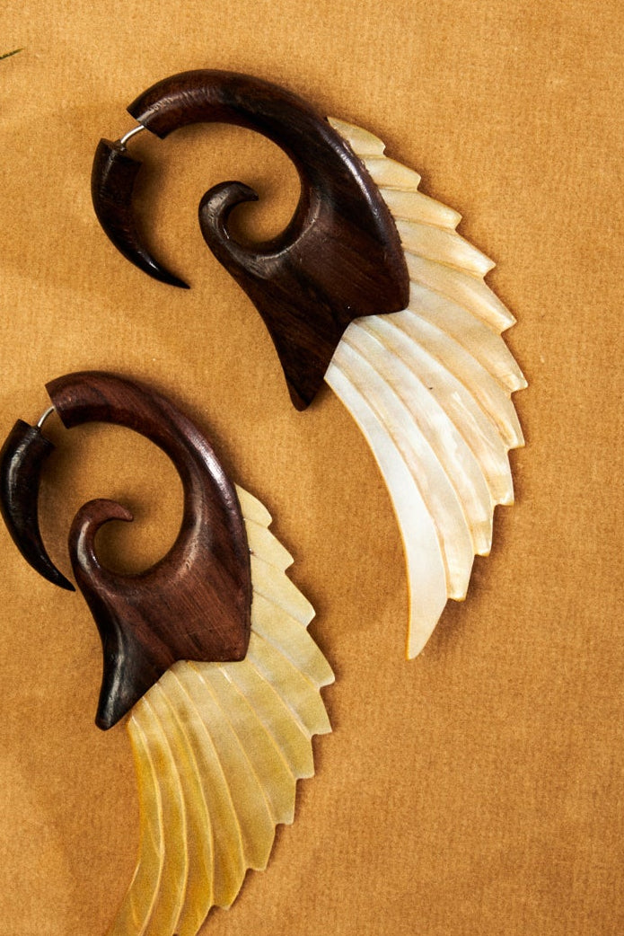 Wooden & Ivory Wing Earrings