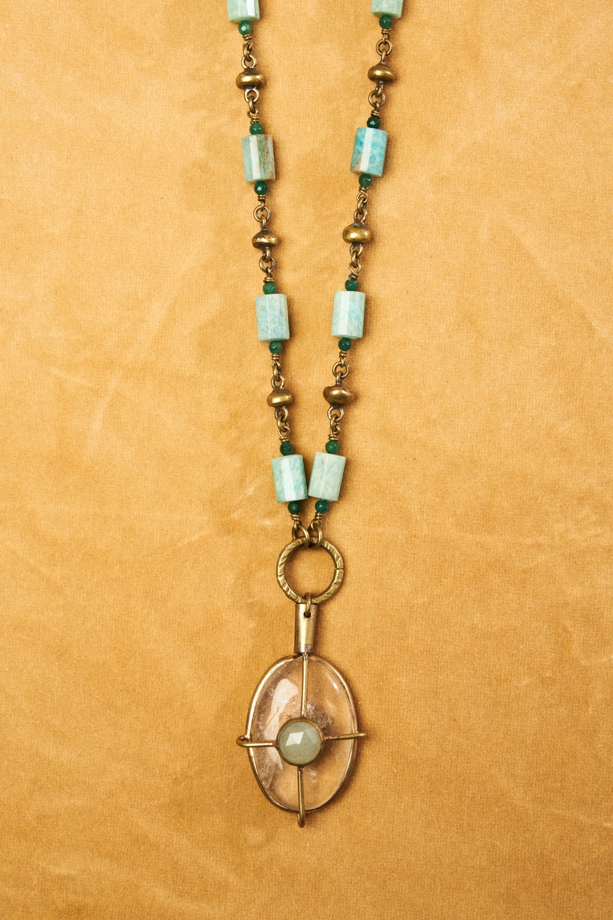 Jade Beaded Chain Necklace with Crystal Quartz Pendant